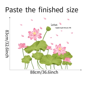 Detail showing the 88x83cm dimensions and layout of the pink lotus flower wall decals