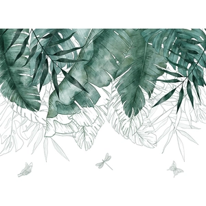 Tropical green leaves wall stickers with watercolor monstera and palm patterns for living room