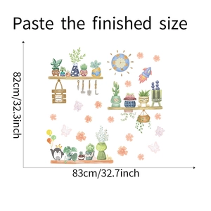 Detail view of cartoon potted plant wall stickers showing 83x82cm dimensions for home decor