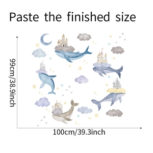 Detail of watercolor whale and castle wall stickers showing the 100x99cm finished display size