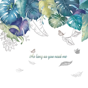 Tropical watercolor wall sticker with monstera leaves and blue butterflies for living room