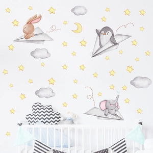 Cartoon animals on paper planes wall stickers with stars and moon for kids room decor