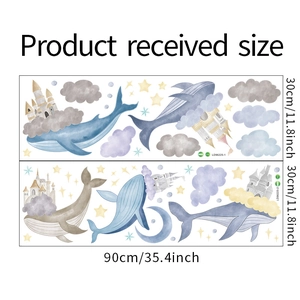 Detailed view of watercolor dolphin and dream castle wall stickers with size dimensions