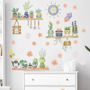 Cartoon Potted Plants And Succulents Wall Stickers With Penguin Rocket Patterns For Kids Room Living Room PVC Home Decor