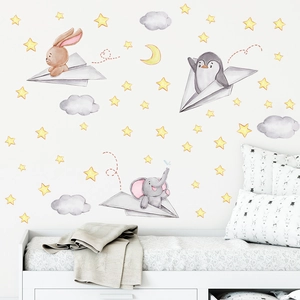 Watercolor animal wall stickers featuring rabbit and elephant on paper planes for kids room