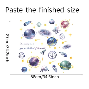 Space exploration wall sticker set with planets and rockets showing layout dimensions