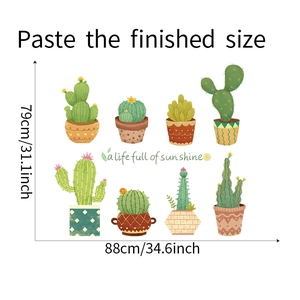 Vue détaillée des stickers muraux cactus avec dimensions de 79 cm par 88 cm de large
