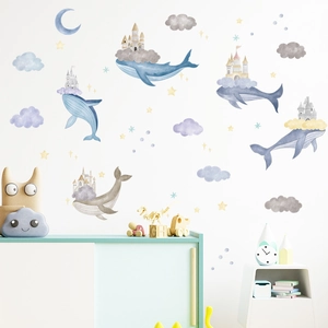 Detail of cartoon dolphin dream castle wall stickers with watercolor clouds and moon decor