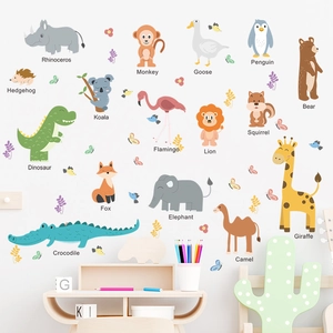 Cartoon Animal Educational Wall Stickers For Kids Room Decor PVC Removable DIY Wallpaper With English Names For Nursery