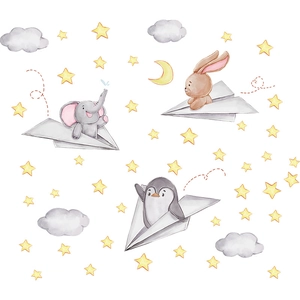 Cartoon elephant rabbit and penguin flying paper planes with stars wall stickers for kids room