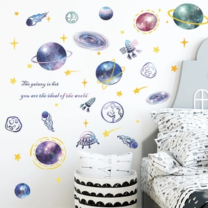Cartoon Dreamy Universe Planet Spaceship Wall Stickers Removable PVC Galaxy Decals For Kids Bedroom Background Wall Decor