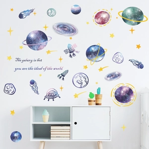 Cartoon space themed wall decals featuring planets rockets and galaxy for kids bedroom