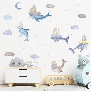 Whimsical watercolor wall decal featuring a dolphin carrying a castle through dreamy clouds