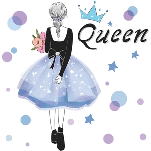 Fresh cartoon girl illustration wall sticker with blue tulle skirt and Queen lettering