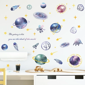 Cartoon space wall decals with planets and spaceships for kids bedroom decor
