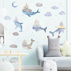 Cartoon dolphin fantasy castle and clouds self-adhesive wall decals for children rooms