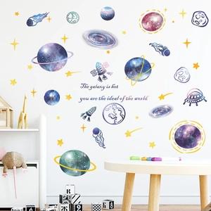Cartoon space galaxy wall stickers with planets and spaceships for kids bedroom decor