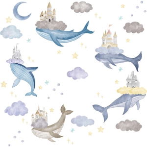 Cartoon whale castle wall stickers in Nordic watercolor style for kids nursery decoration
