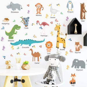 Cartoon animal world map wall stickers with English names for kids room decoration