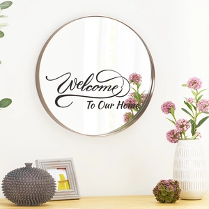 Round bronze wall mirror sticker with Welcome To Our Home text for home decor