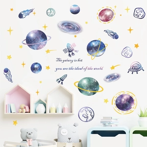 Space themed watercolor wall stickers with planets, rockets and UFO for kids room decor