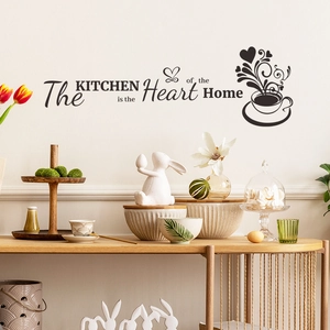Adesivo murale nero per cucina con scritte Heart of the Home e decorazioni caffè