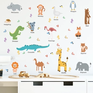 Detail of cartoon animal wall stickers with English names for nursery wall decoration