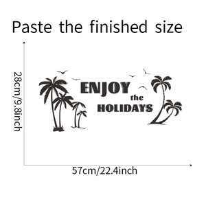 Détail montrant les dimensions du sticker mural palmier tropical et texte de vacances