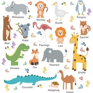 Educational cartoon animal wall stickers with English names for kids room decor