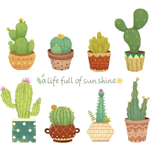 Stickers muraux de plantes de cactus en pot avec thème soleil pour décoration maison