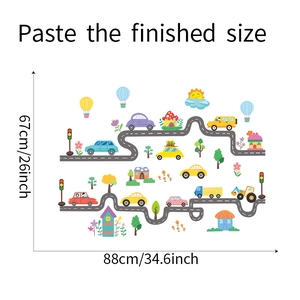 Detailed view of kids' cartoon road wall decal set showing dimensions 88x67cm