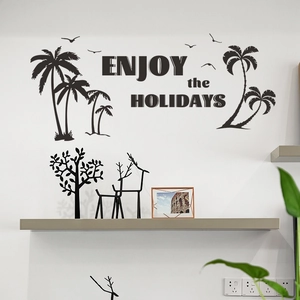 Sticker Mural Cocotier Tropical Enjoy The Holidays Silhouette Noire PVC Mouette Décoration Murale Personnalisée pour Salon Maison