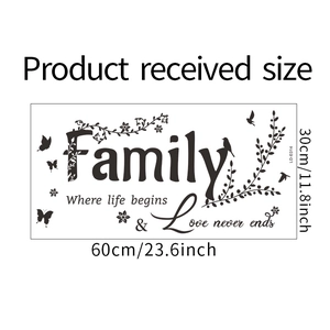 Detail of Family wall decal with size 60x30cm showing text and nature elements