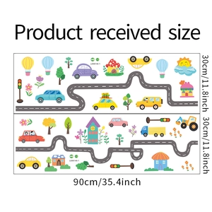 Detailed size chart for cartoon transport wall decals showing 30x90cm layout and dimensions