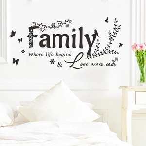 Family Quote Wall Decals Where Life Begins Love Never Ends Vinyl Wall Stickers Botanical Flower Bird Butterfly Home Decor