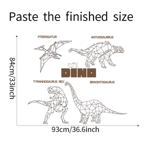 Detailed size chart showing geometric dinosaur wall decals dimensions 93cm by 84cm
