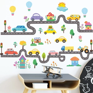 Kids Cartoon Road Car Wall Stickers PVC Removable Transport Decals For Children Bedroom Nursery Playroom DIY Home Decor