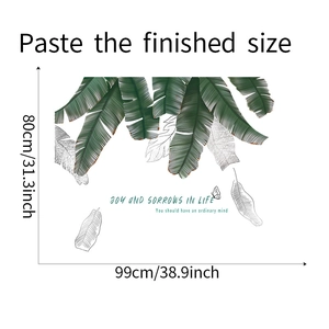 Detail of tropical green leaf wall stickers with motivational quote and product dimensions
