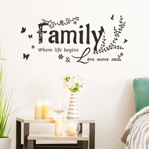 Family quote wall decal with flowers and birds for living room wall decoration