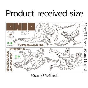 Detailed size layout of geometric dinosaur wall stickers showing dimensions for home decor