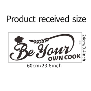 Detail of chef hat wall decal with Be Your Own Cook text and 60x24cm dimensions