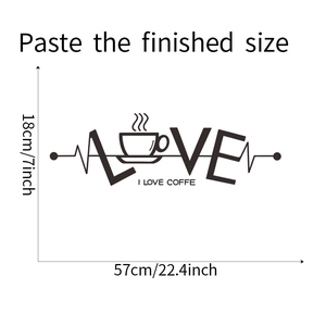 Detailansicht des I LOVE COFFEE Wandtattoos mit Maßen 57cm x 18cm auf weißem Hintergrund
