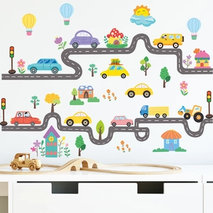 Cartoon road and car wall stickers with hot air balloons for kids room decoration