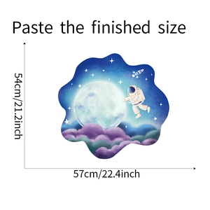 Size chart for astronaut wall sticker showing finished dimensions of 57cm by 54cm