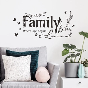 Minimalist Family and Love wall decal with birds and flowers for living room decor