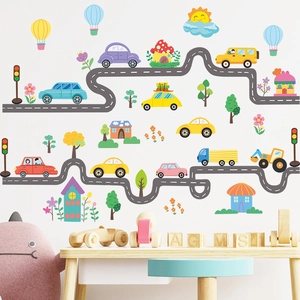 Cartoon road and vehicles wall stickers for kids room decor with cars and hot air balloons