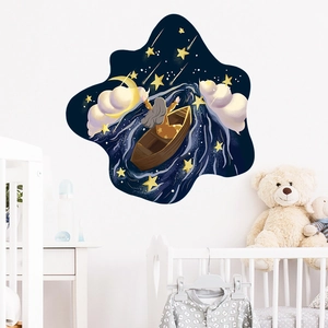 Dreamy Starry Sky Moon Star Cloud Girl Boat Cartoon PVC Wall Stickers For Girls Bedroom Kids Room Decor Removable Wallpaper