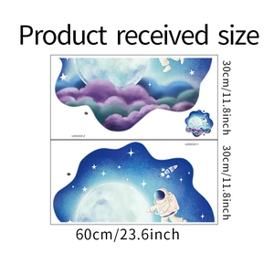 Detailed view of two astronaut wall sticker sheets showing size 60x30cm for kids rooms