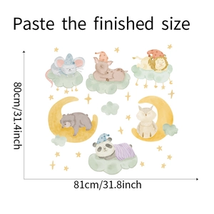 Detailed wall sticker layout with animals on clouds and size guide: 81x80cm