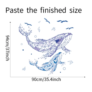 Dimensions du sticker mural dauphin géométrique bleu, guide de taille 94cm x 90cm blanc
